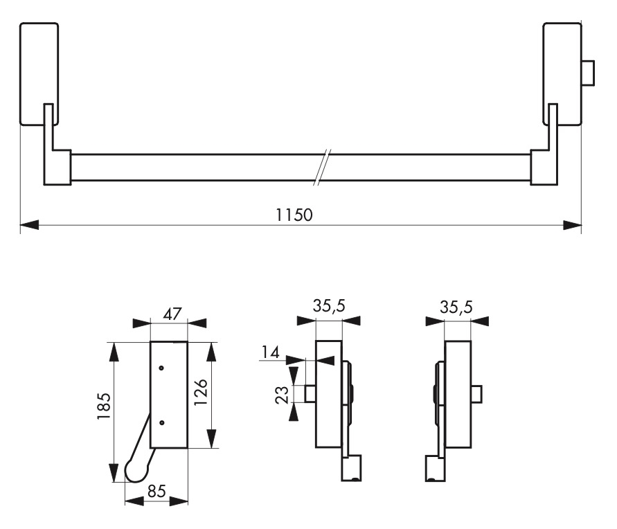 Barre anti-panique grise 1150 mm 1 point Thirard