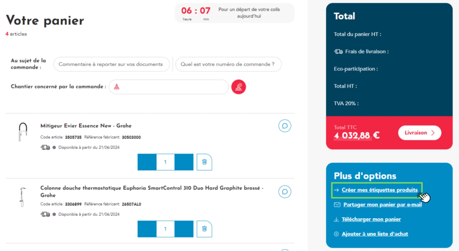 Télécharger des étiquettes dans le panier