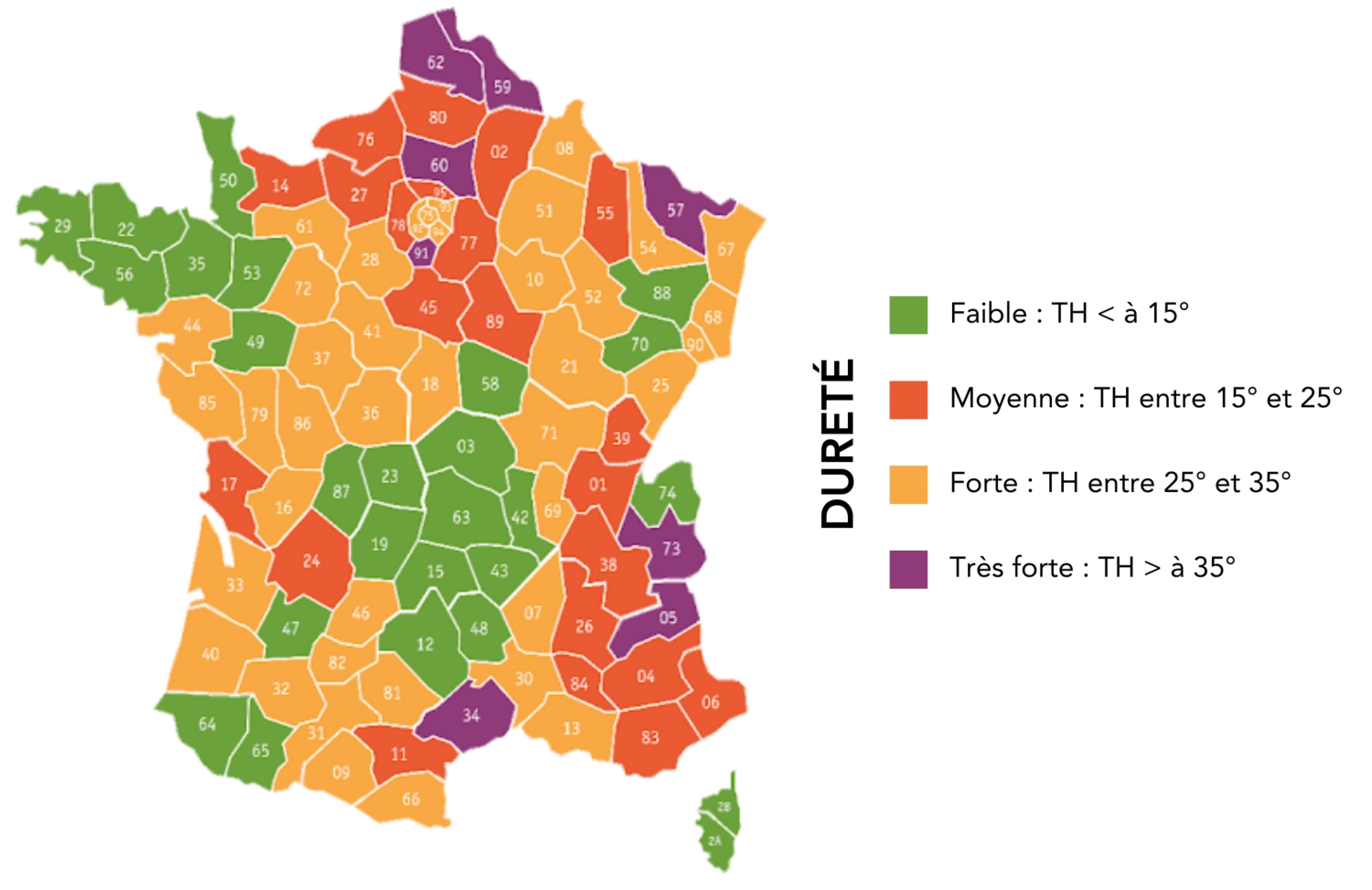 Schéma de la dureté moyenne de l'eau en France