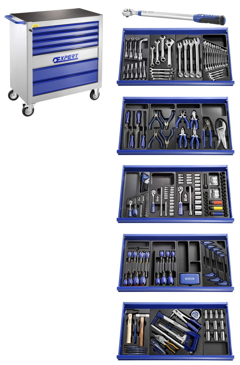 Servante 7 tiroirs avec 250 outils et une clé dynamométrique Expert 