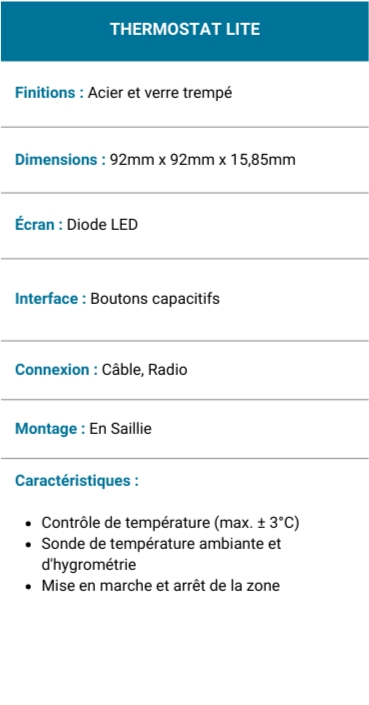 tableau caractéristiques lite airzone