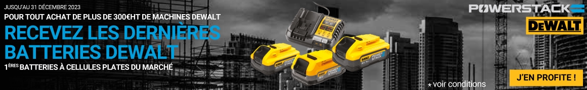 Du 12 septembre au 31 décembre 2023, pour tout achat de plus de 300€ HT de machines DeWalt, recevez les dernières batteries DeWalt
