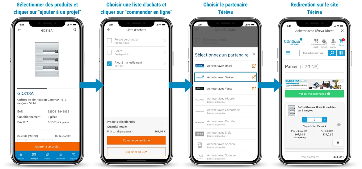 parcours d'achat via la passerelle de l'application Hager vers le site Téréva