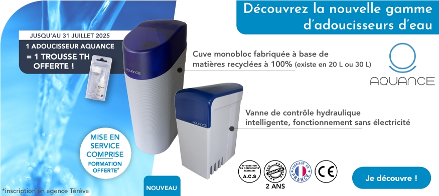 Pour tout achat d’un adoucisseur Aquance (présent sur cette page), recevez une trousse TH offerte (valeur 19,50€ HT) et profitez d’une session de formation gratuite dans votre agence Téréva.