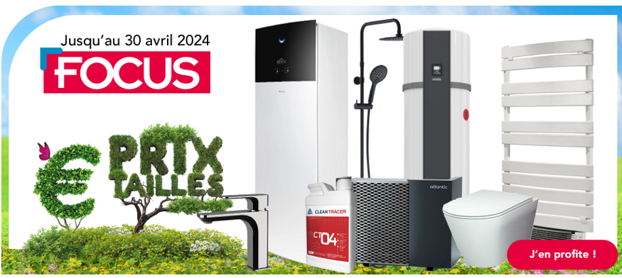 Du 01 mars au 30 avril 2024, profitez de l&#39;offre FOCUS de Téréva, sur une grande sélection de produits de climatisation, chauffage, sanitaire, plomberie et outillage.