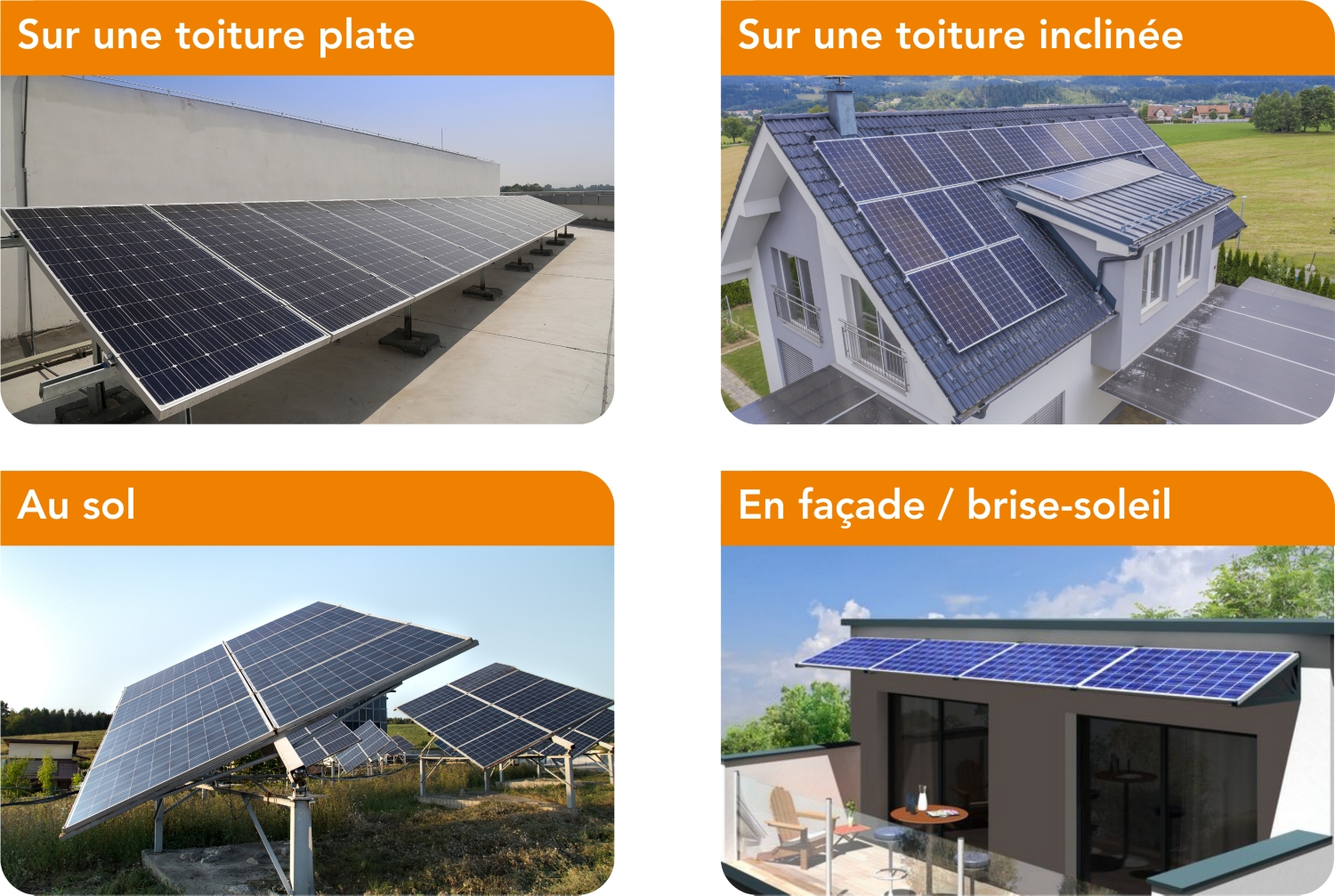 Représentation des différents types de fixations pour panneaux solaire