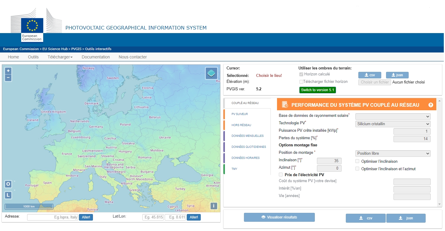 capture d'écran de la page d'accueil de PHOTOVOLTAIC GEOGRAPHICAL INFORMATION SYSTEM