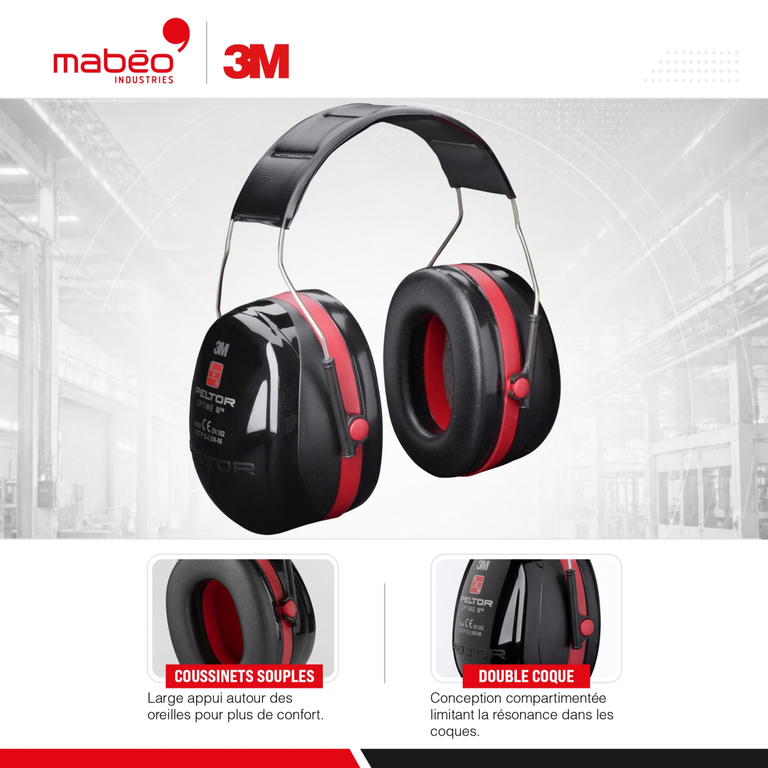 Casque antibruit noir / rouge Peltor Optime III avec serre-tête H540A-411-SV SNR 34 dB 3M
