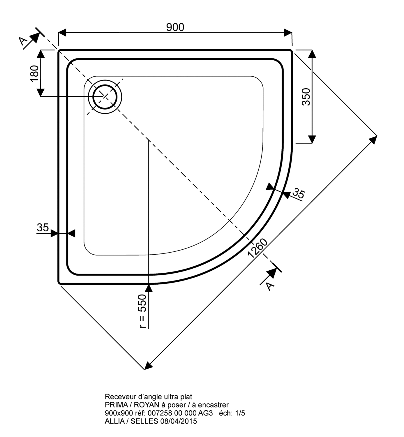 Receveur Renova ultra-plat 1/4 de rond à poser 00725800000AG3 Geberit