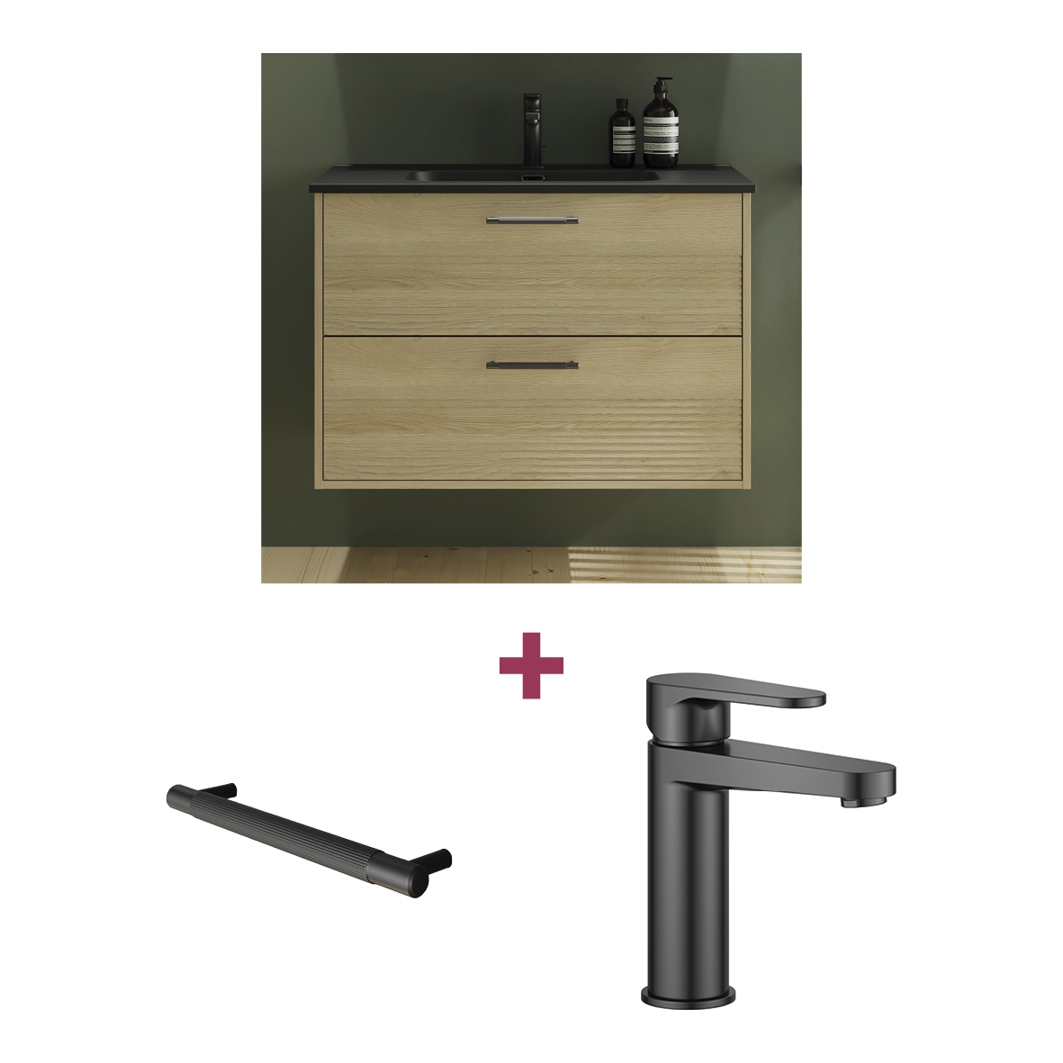 Meuble bas Oslo 2 tiroirs chêne cachemire caisson noir avec plan céramique noir et mitigeur lavabo Kali-T noir