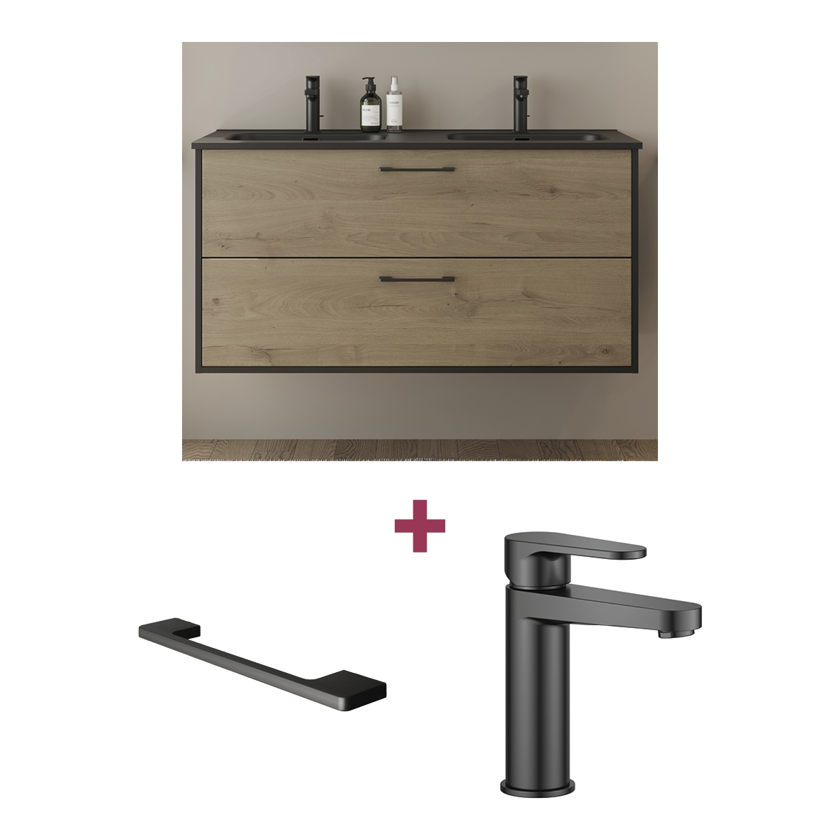 Meuble bas Oslo 2 tiroirs chêne caramel caisson noir avec plan céramique noir et mitigeur lavabo Kali-T noir