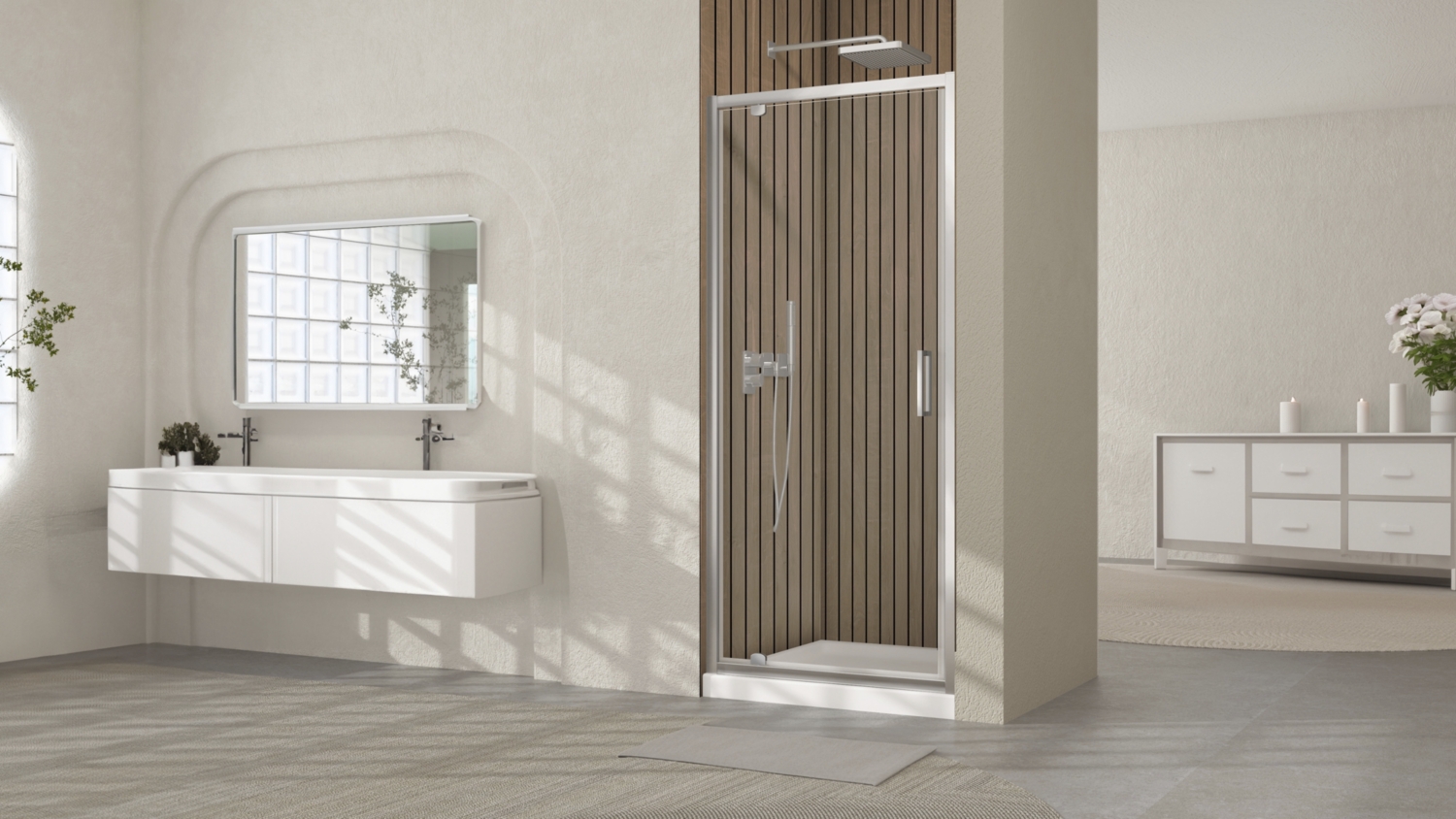  Porte de douche pivotante Pyra accès de face - Profil silver verre transparent 