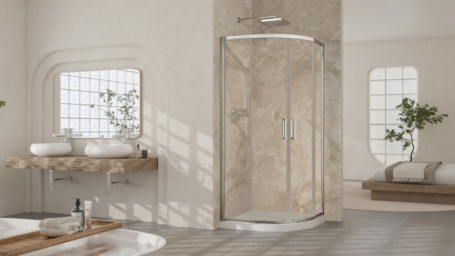 Porte de douche Pyra coulissante 1/4 rond accès d'angle - Profil Silver verre transparent Aquance