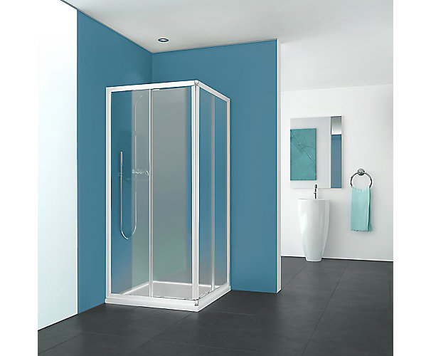 Porte Pyra coulissante accès d'angle - Profil blanc verre transparent Aquance
