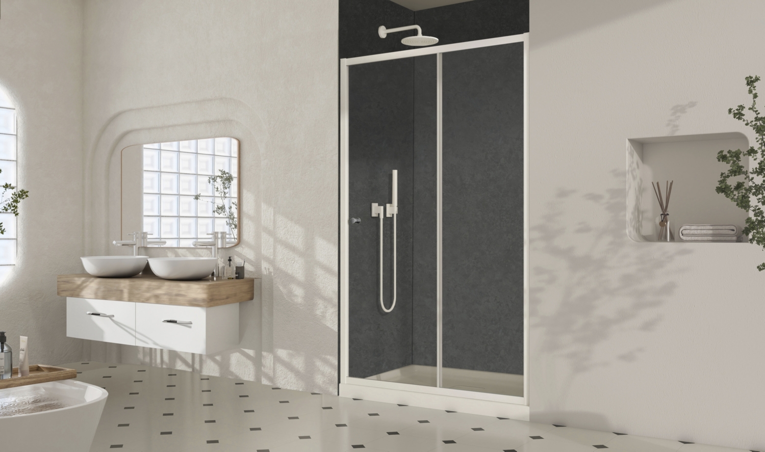 Porte de douche Yuca coulissante - Profil Blanc verre transparent Aquance