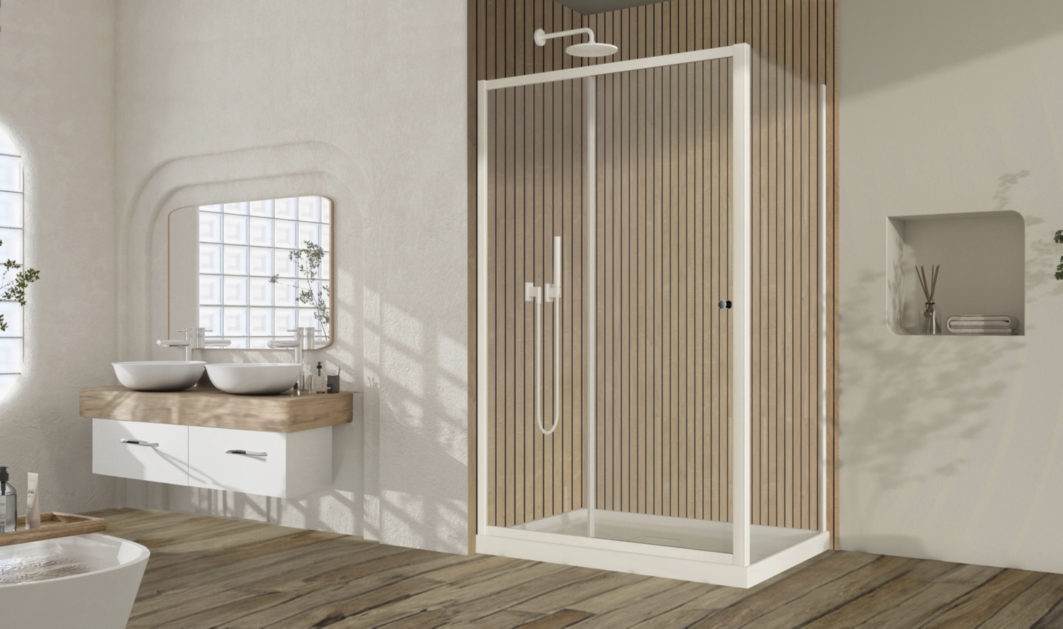 Porte de douche Yuca coulissante - Profil Blanc verre transparent Aquance