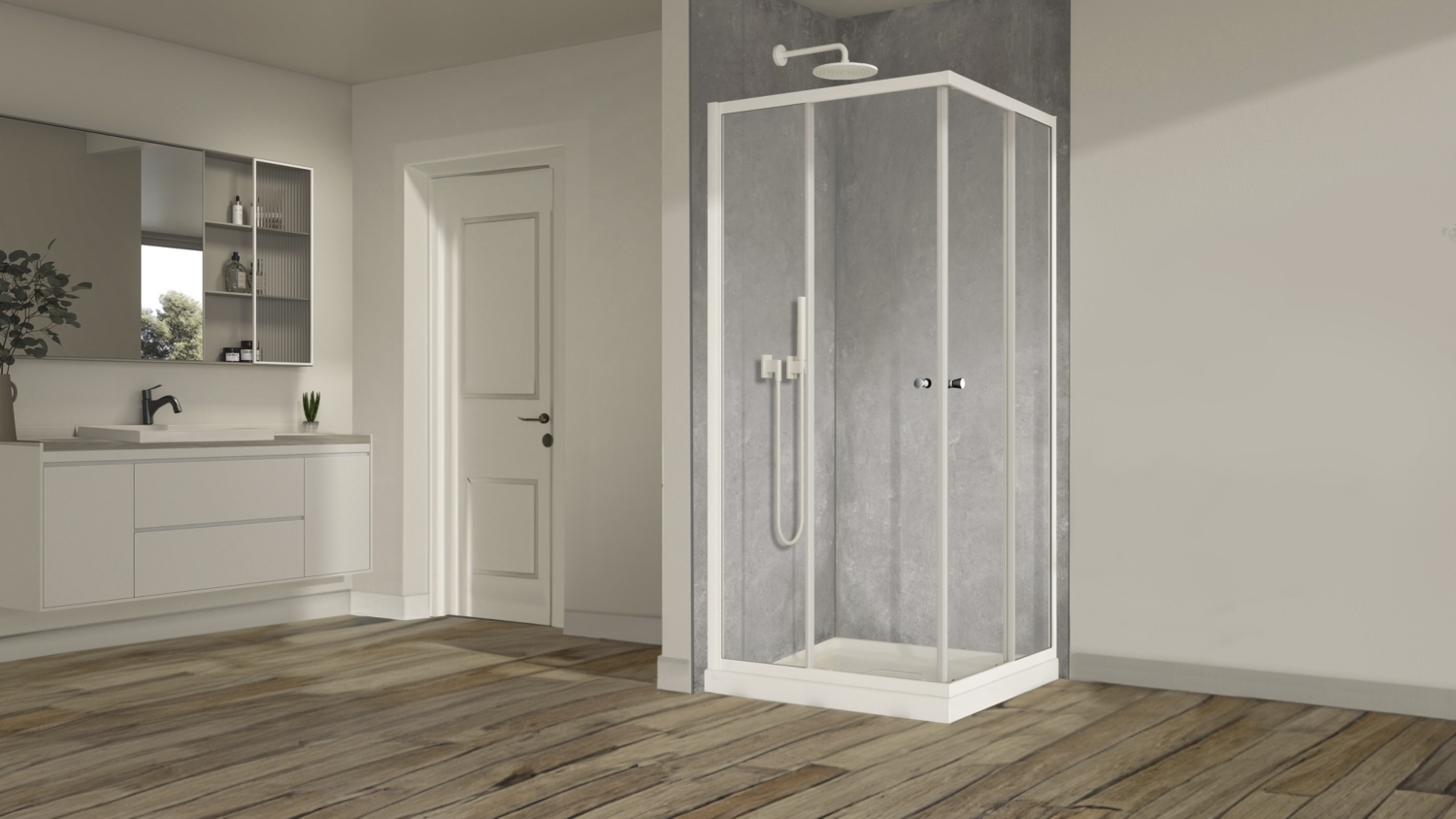 Porte de douche Yuca coulissante 2 volets accès d'angle - Profil Blanc verre transparent Aquance