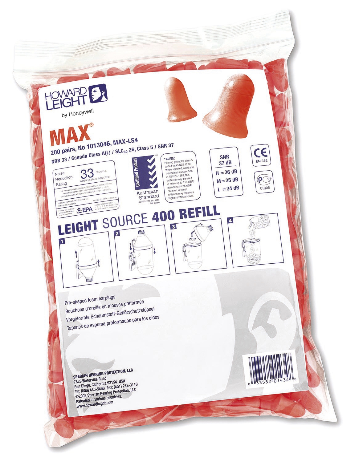 Sachet de bouchons anti-bruit à usage unique Max pour distributeur LS400 Howard Leight by Honeywell