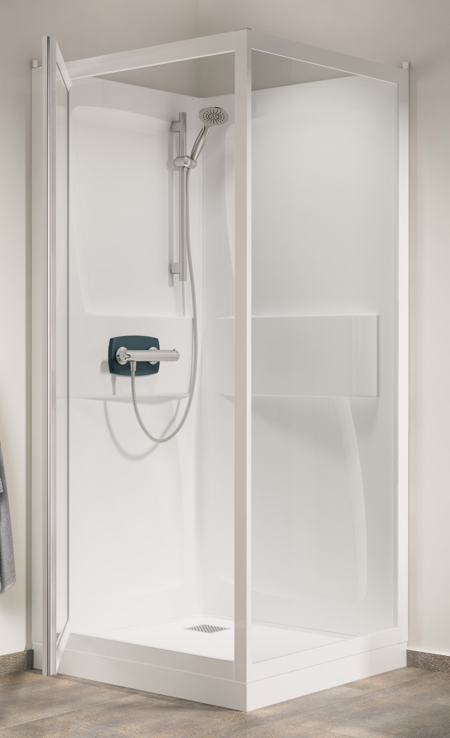Cabine de douche Kineprime fermée carrée accès de face - Pivotante verre transparent Kinedo