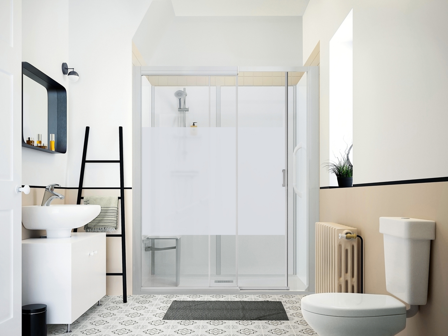 Cabine de douche PMR Kinemagic Sérénité rectangulaire porte coulissante - Verre opaque montage en niche fond blanc 170 x 80 cm