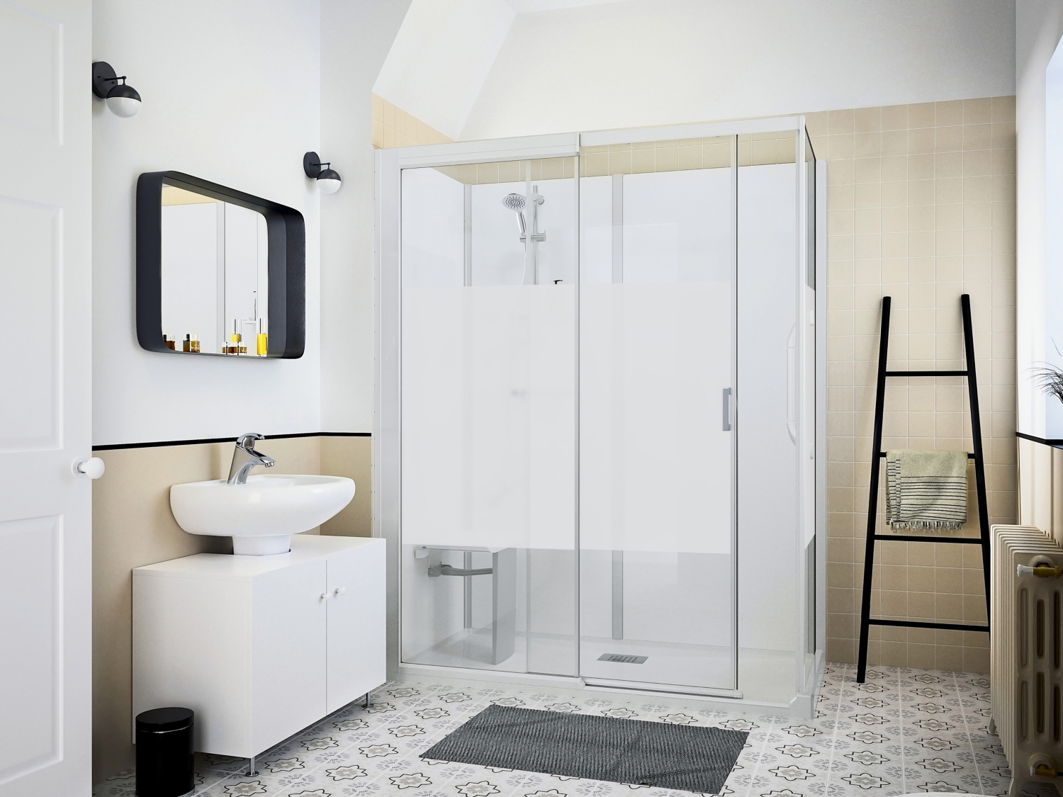 Cabine de douche PMR Kinemagic Sérénité rectangulaire porte coulissante - Verre opaque montage en angle fond blanc 160 x 80 cm