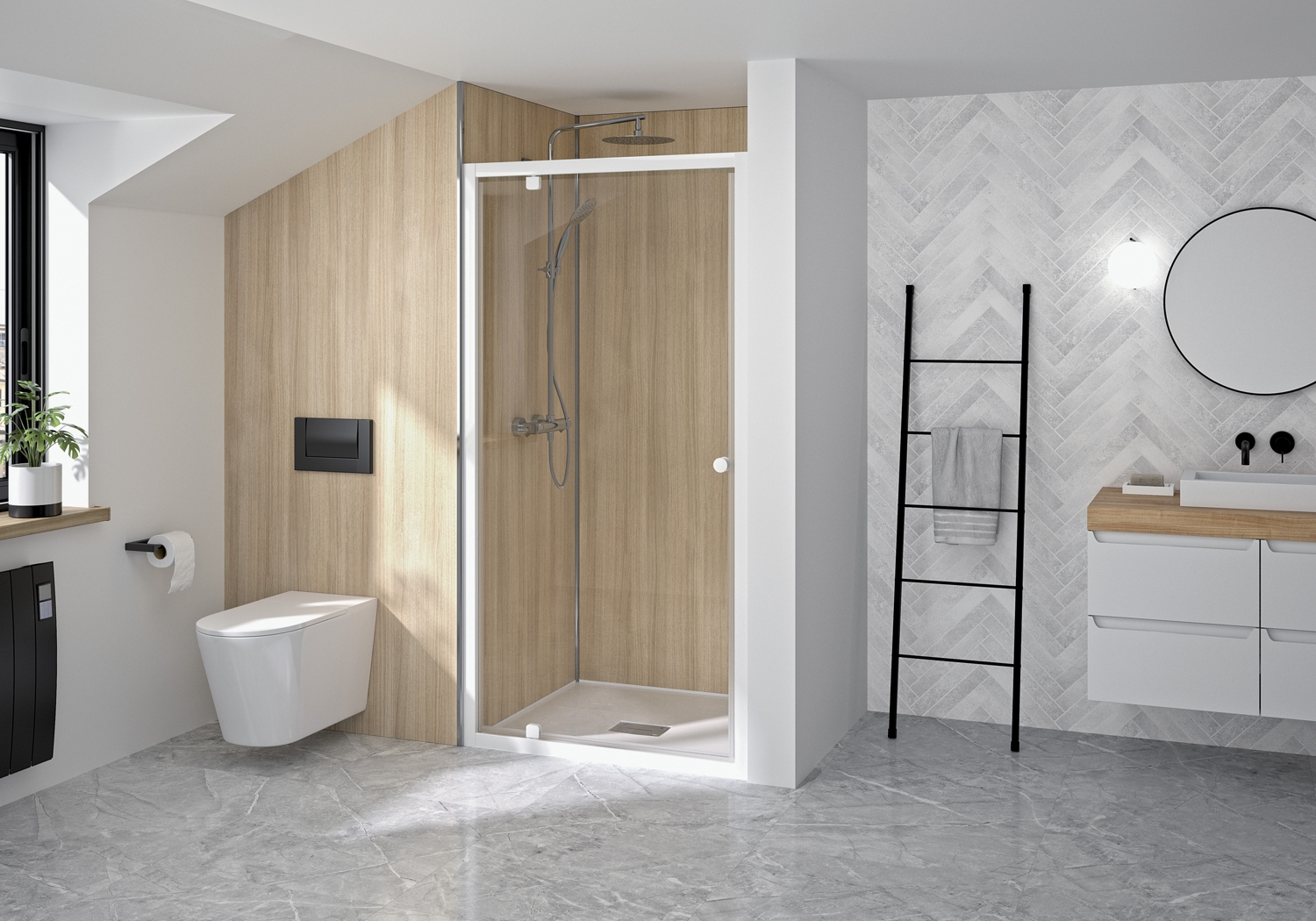 Porte de douche Supra P pivotante accès de face - Profil blanc verre transparent Kinedo
