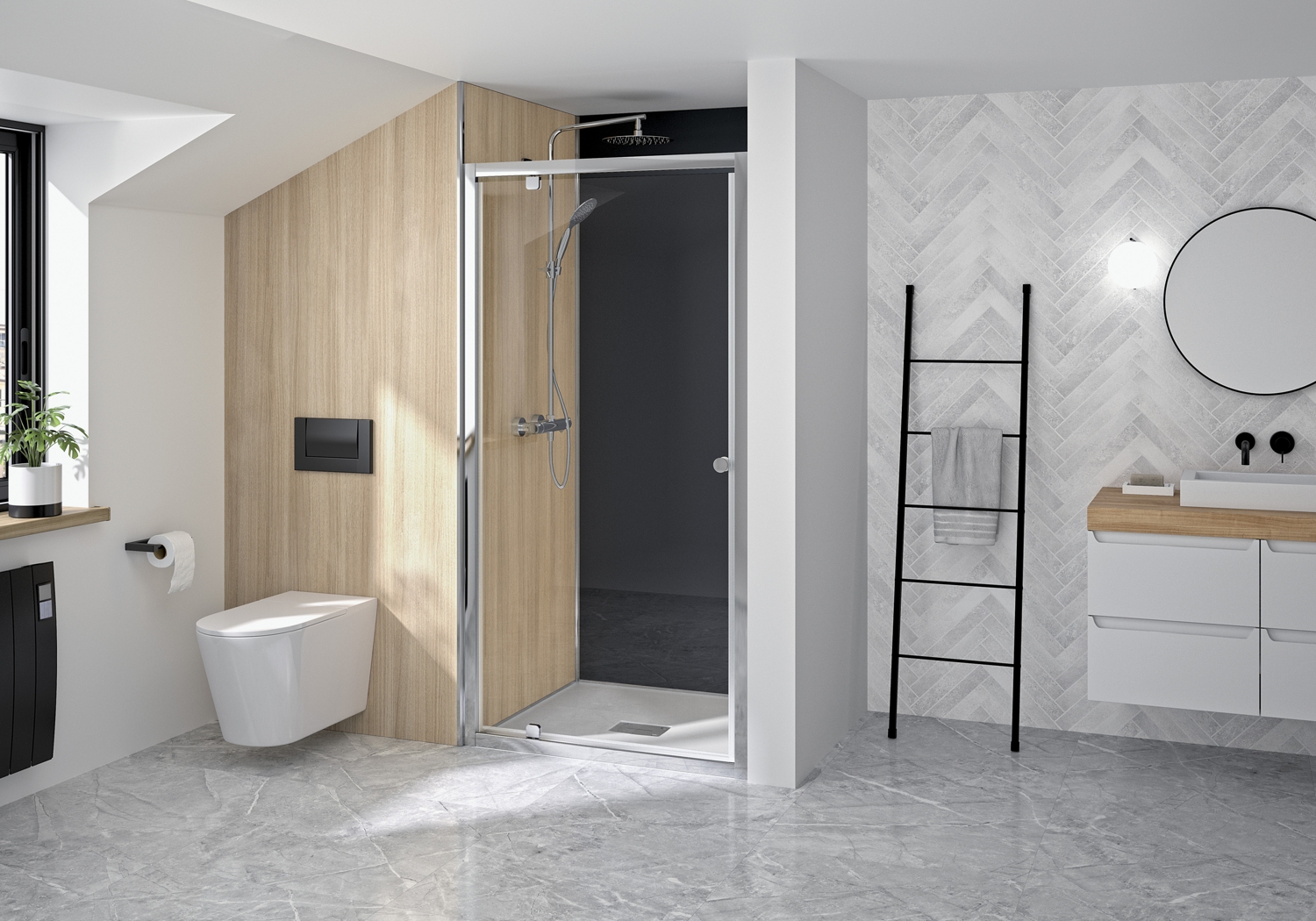 Porte de douche Supra P pivotante accès de face - Profil chromé verre transparent Kinedo