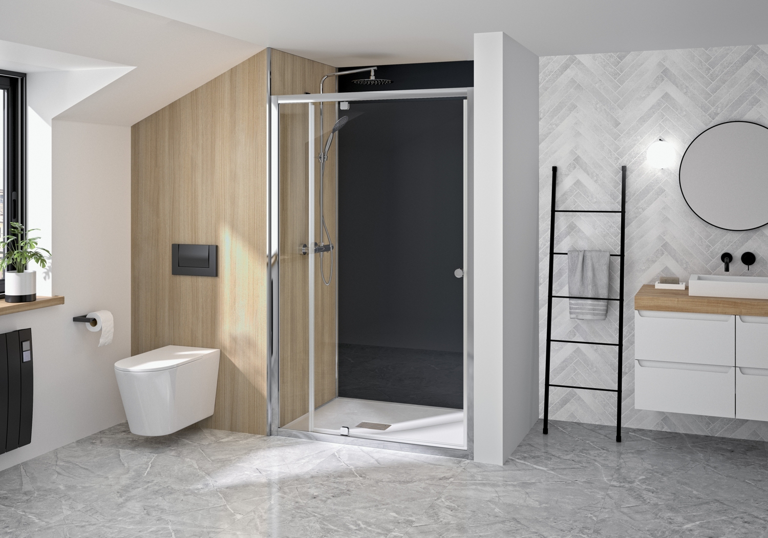 Porte de douche Supra P pivotante accès de face - Profil chromé verre transparent avec élément fixe Kinedo