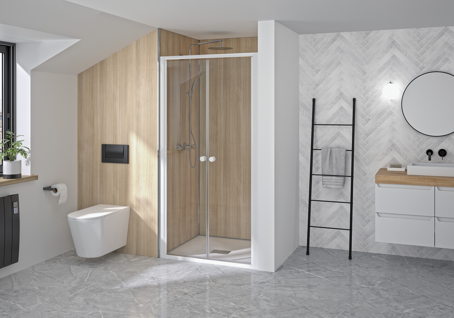 Porte de douche Supra 2P pivotante accès de face - Profil blanc verre transparent