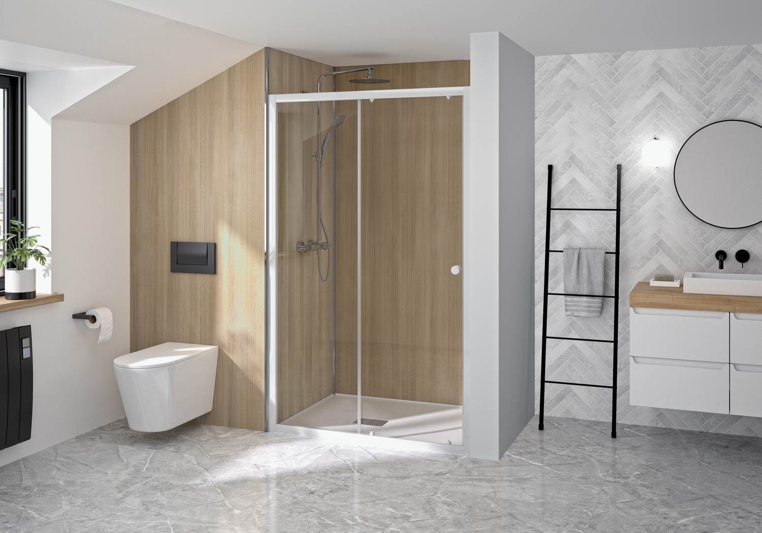 Porte de douche Supra C coulissante accès de face - Profil blanc verre transparent avec élement fixe