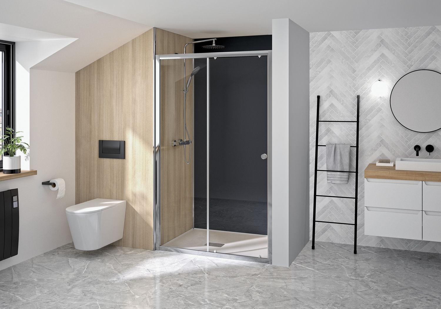 Porte de douche Supra C coulissante accès de face - Profil chromé verre transparent avec élement fixe