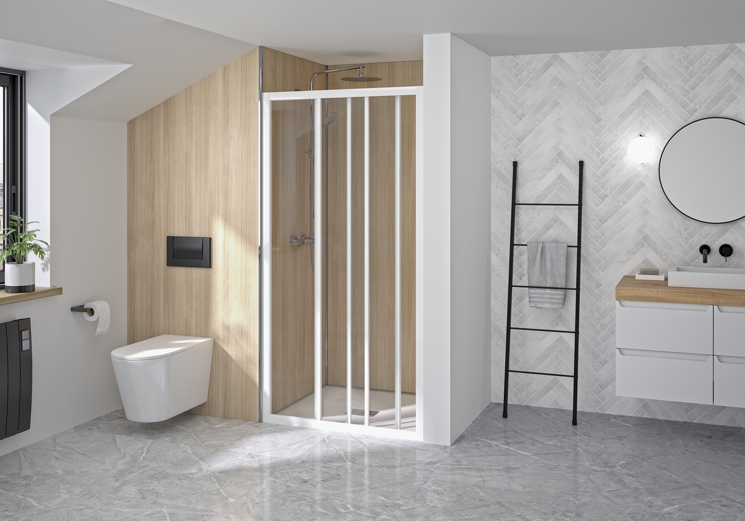 Porte de douche Supra 3V coulissante accès de face - Profil blanc verre transparent