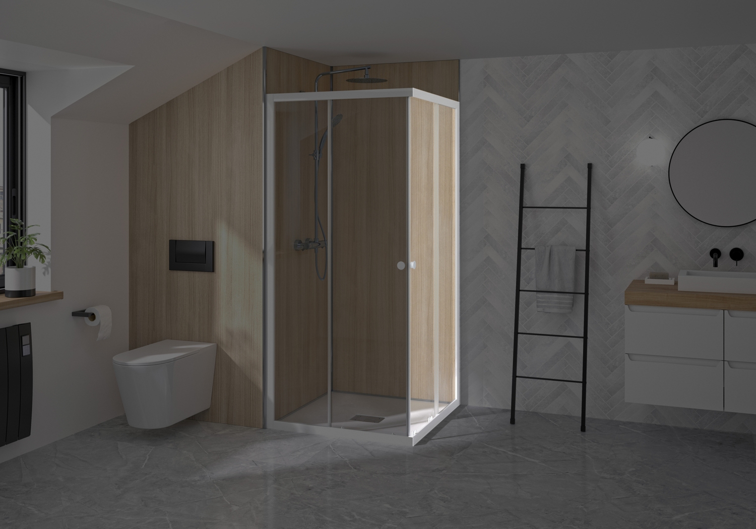 Porte de douche Supra A coulissante à gauche accès d'angle - Profil blanc verre transparent avec élement fixe