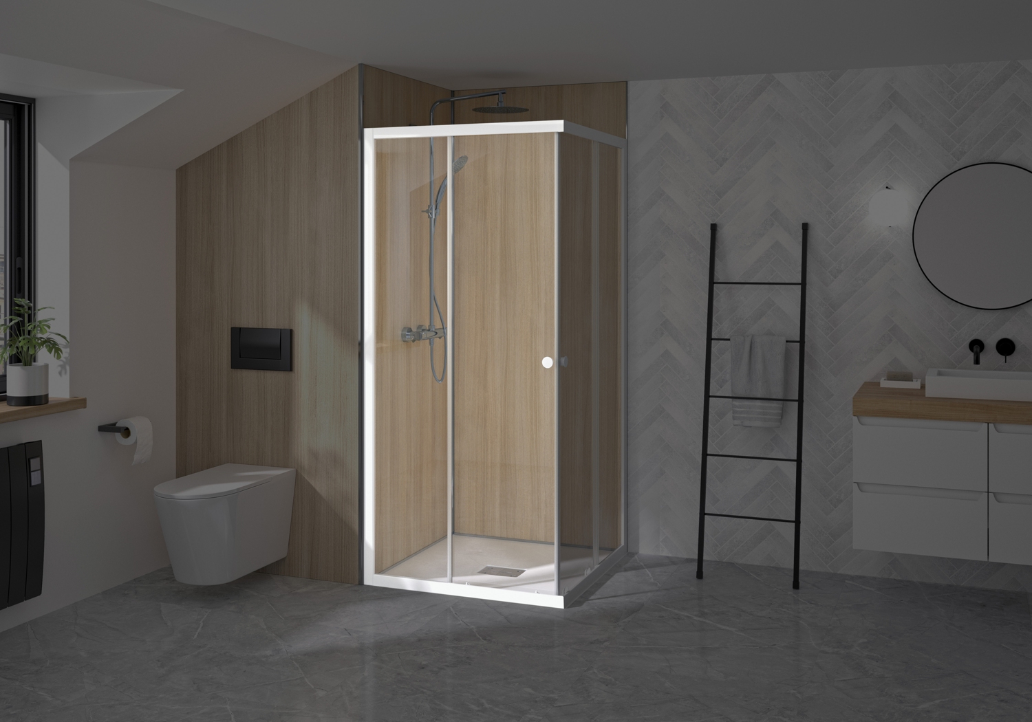 Porte de douche Supra A coulissante à droite accès d'angle - Profil blanc verre transparent avec élement fixe