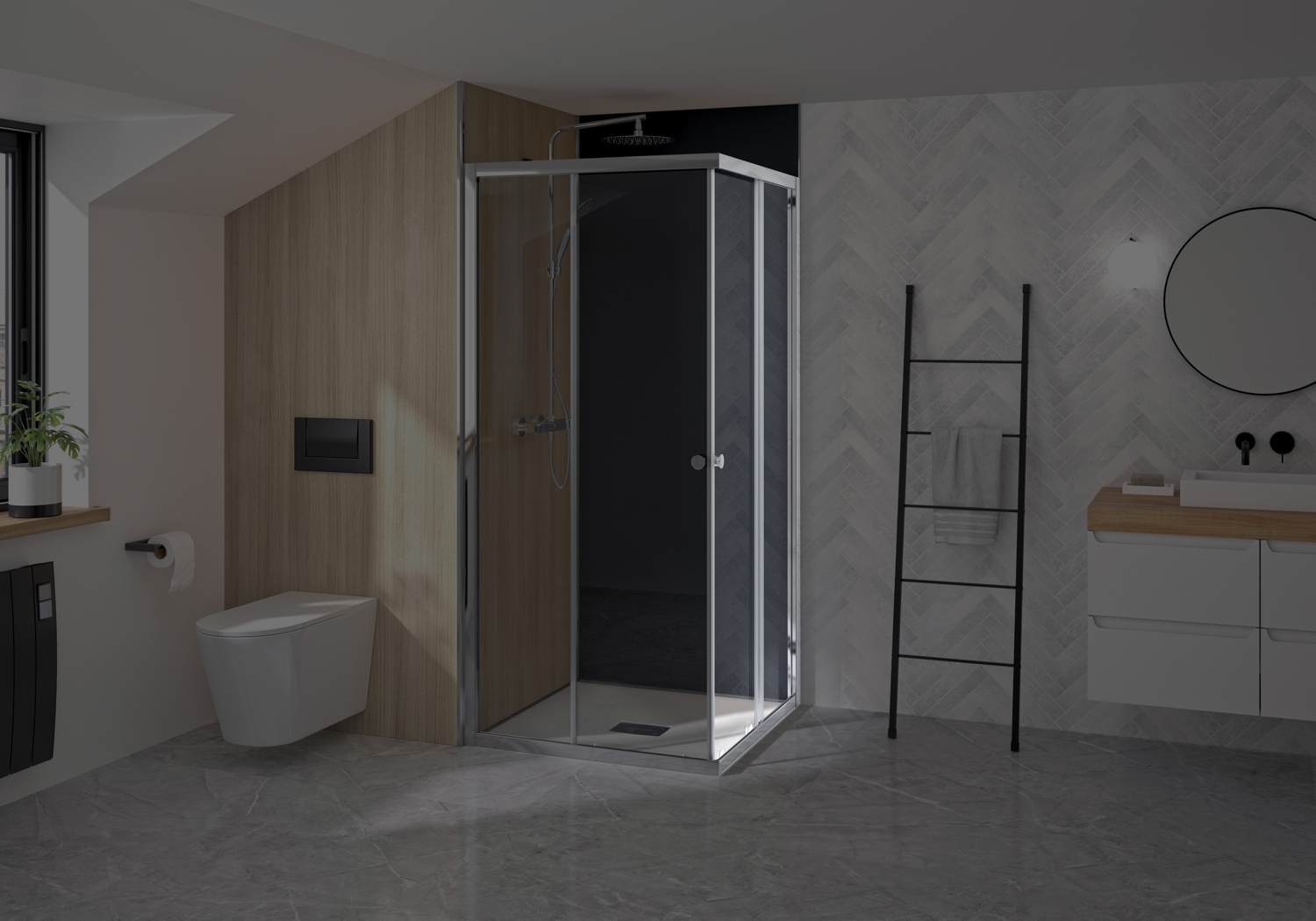 Porte de douche Supra A coulissante à gauche accès d'angle - Profil chromé verre transparent avec élement fixe