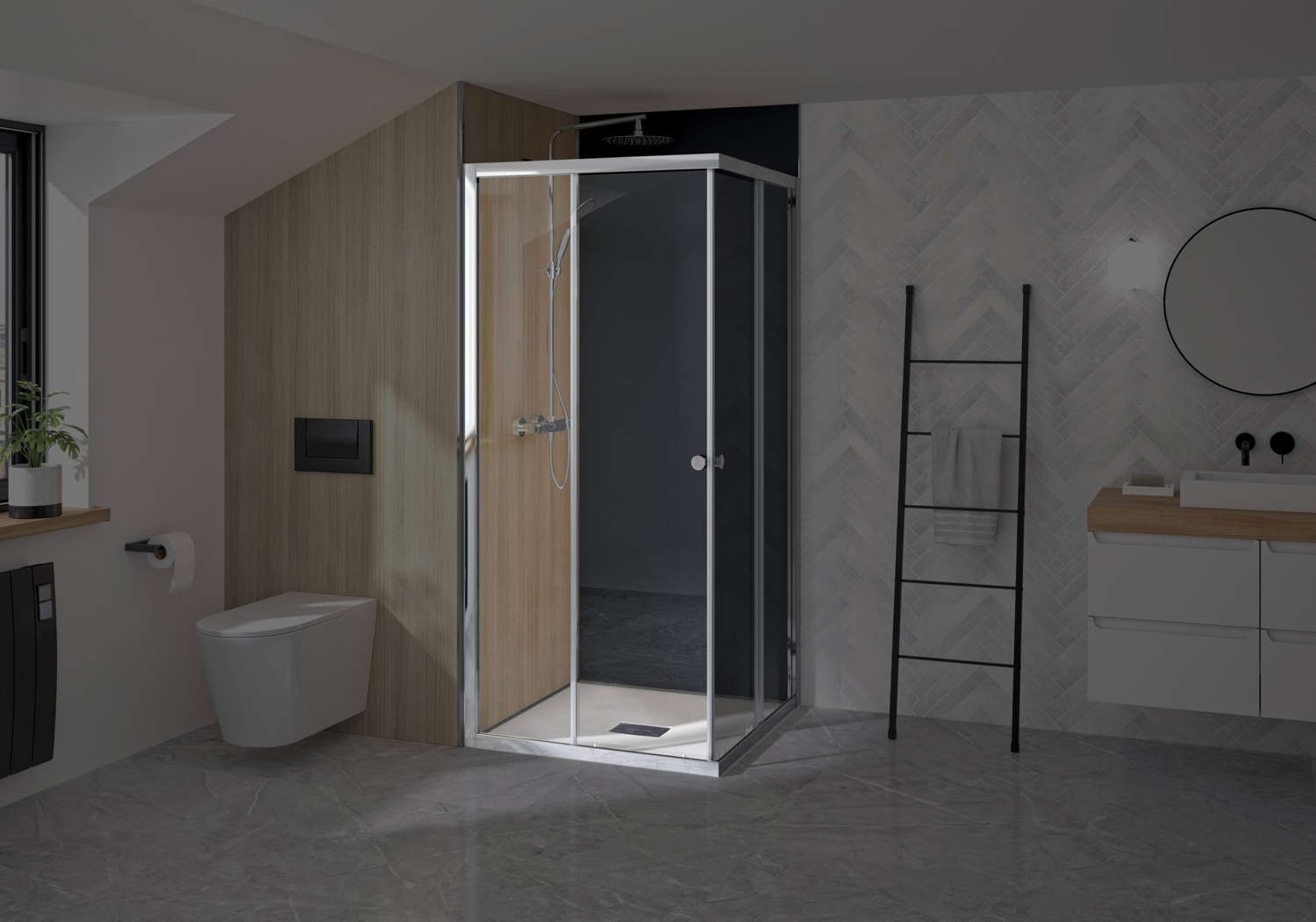 Porte de douche Supra A coulissante à droite accès d'angle - Profil chromé verre transparent avec élement fixe