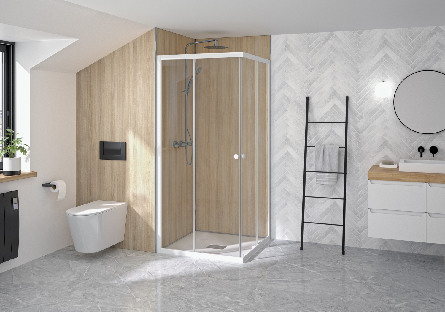 Porte de douche Supra A coulissante accès d'angle - Profil blanc verre transparent