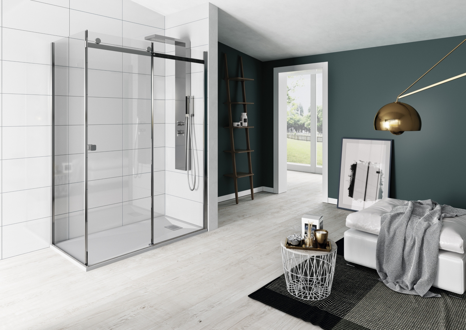 Porte de douche Kinestyle C+F coulissante accès de face - Profil chromé verre transparent avec 2 éléments fixes