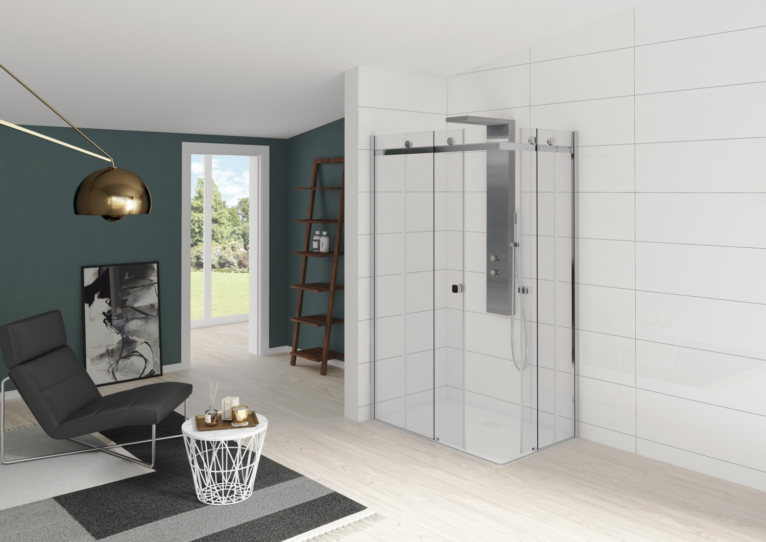 Porte de douche Kinestyle A coulissante accès d'angle - Profil chromé verre transparent avec élément fixe