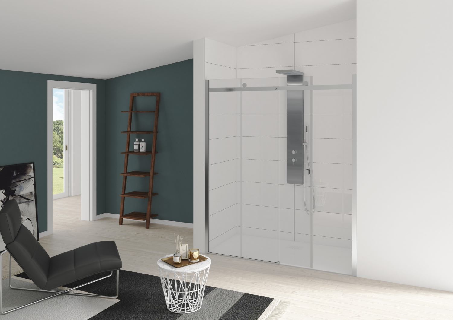 Porte de douche Kinestyle C coulissante accès de face - Profil chromé verre transparent avec élément fixe