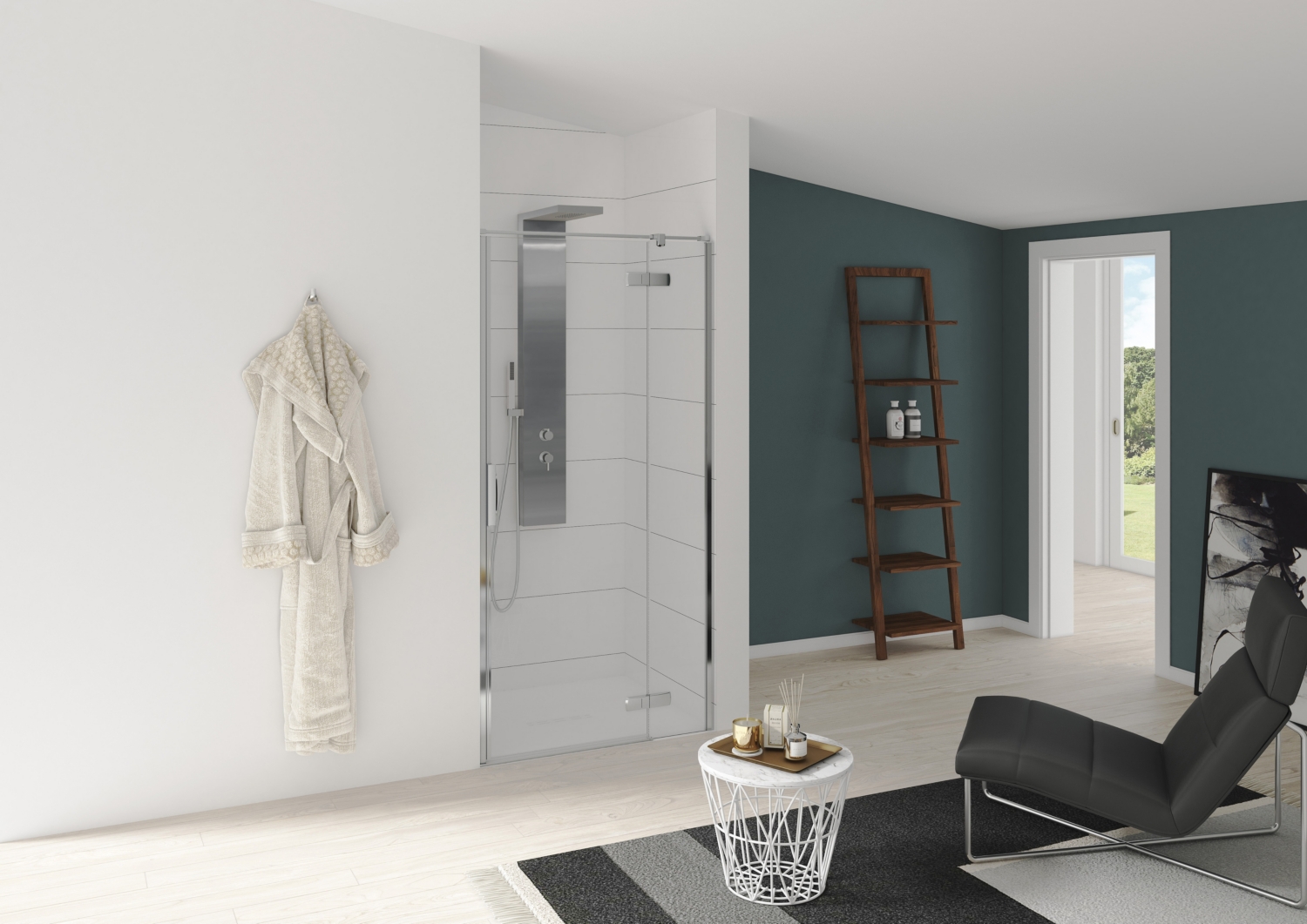 Porte de douche Kinestyle P pivotante accès de face - Profil chromé verre transparent charnières à droite