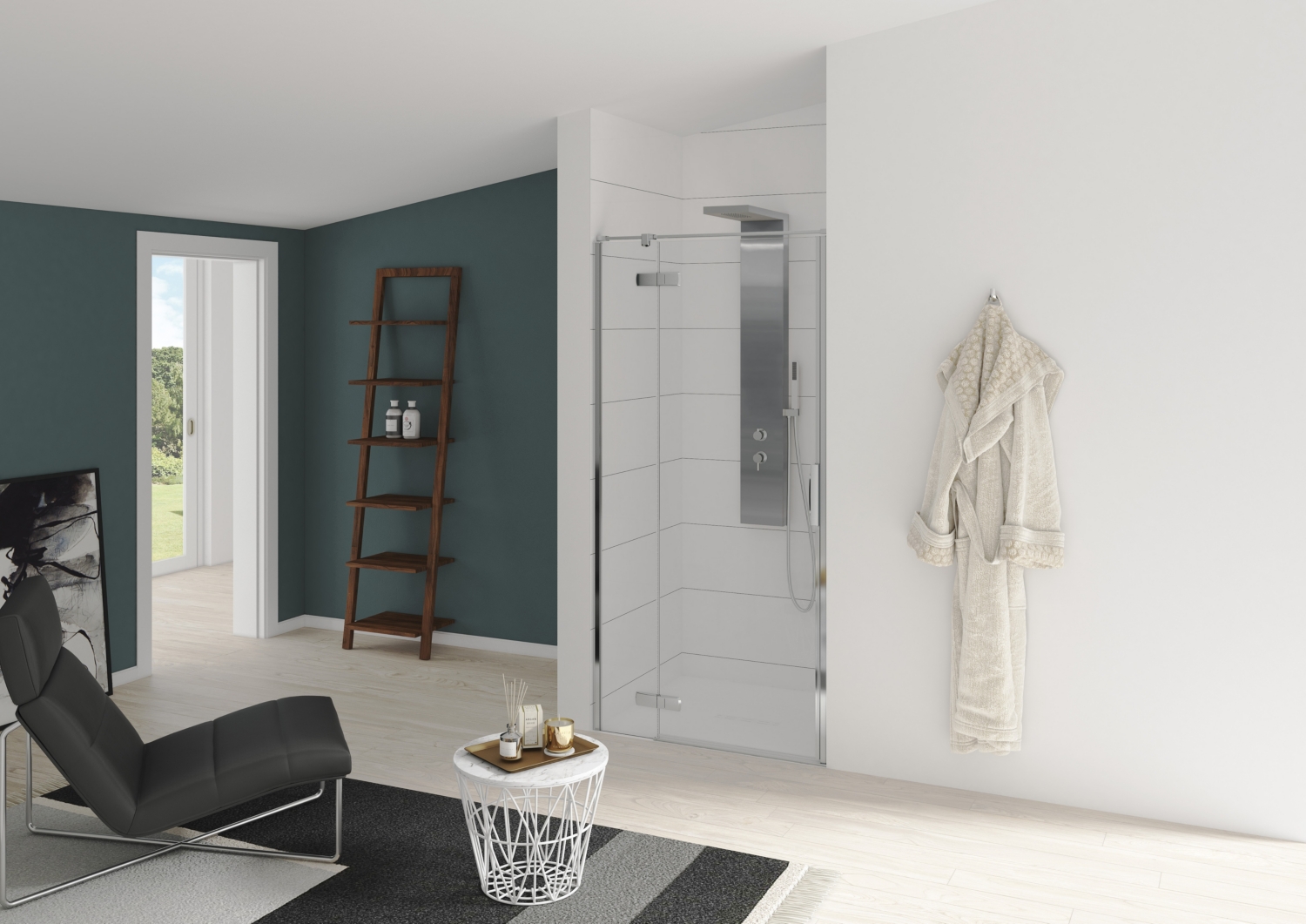 Porte de douche Kinestyle P pivotante accès de face - Profil chromé verre transparent charnières à gauche