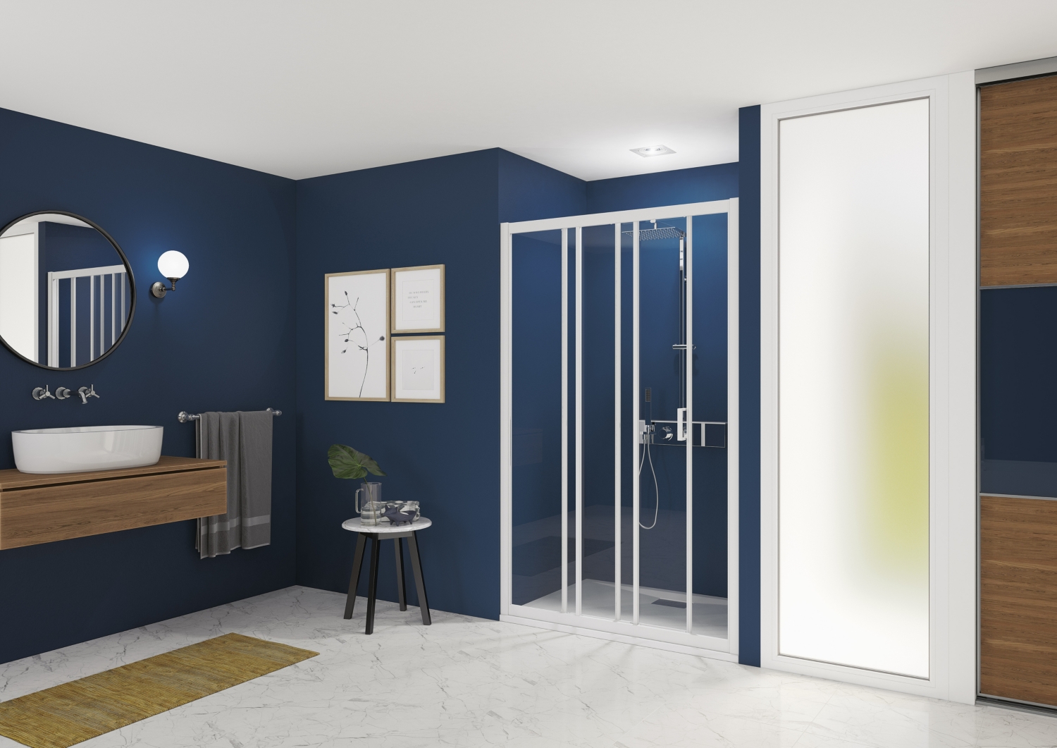 Porte de douche Smart Express 3V coulissante accès de face - Profil blanc verre transparent avec élément fixe