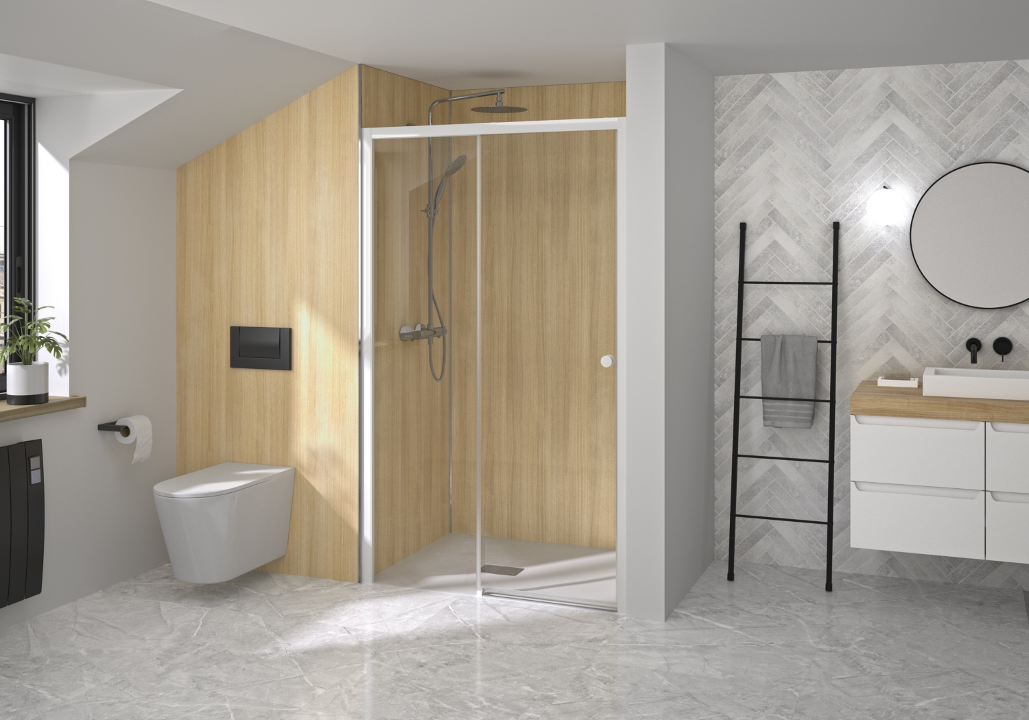 Porte de douche Supra C coulissante à droite sans seuil accès de face avec élément fixe - Profil blanc verre transparent Kinedo