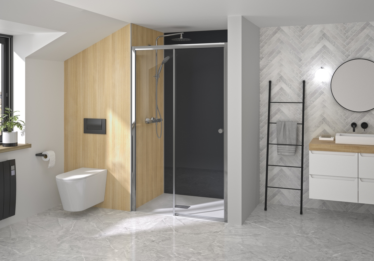 Porte de douche Supra C coulissante à droite sans seuil accès de face avec élément fixe - Profil chromé verre transparent Kinedo