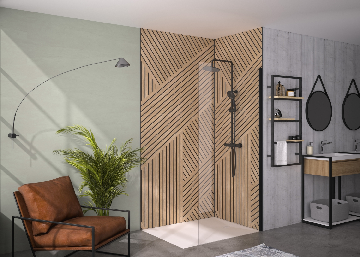Paroi fixe Solo 6+ Walk-In Essentiel - Profil noir mat verre transparent Kinedo