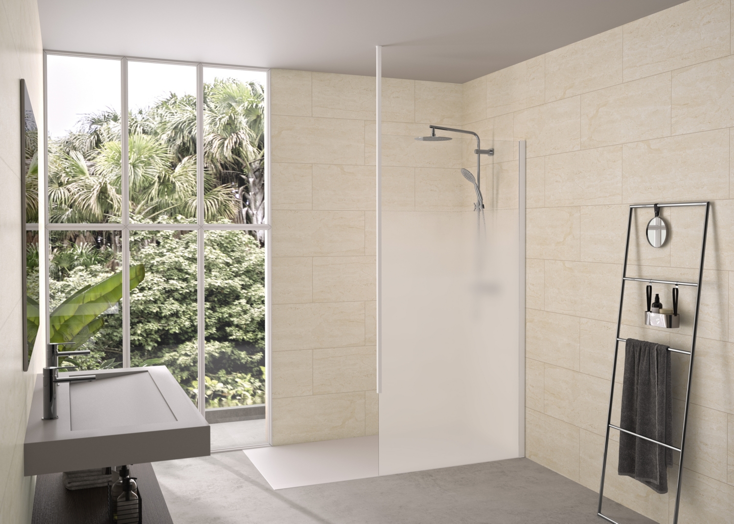 Paroi fixe Solo 6+ Walk-In Essentiel - Profil blanc verre sérigraphié - Mât fixation plafond Kinedo