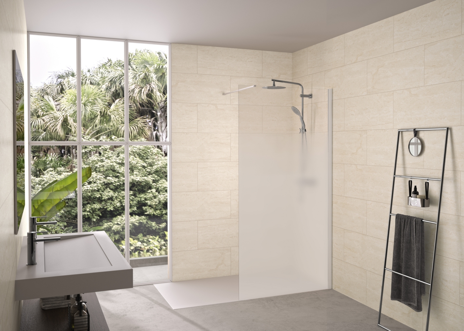 Paroi fixe Solo 6+ Walk-In Essentiel - Profil blanc verre sérigraphié - Avec barre droite Kinedo
