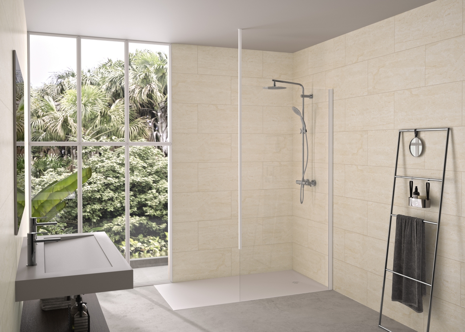 Paroi fixe Solo 6+ Walk-In Essentiel - Profil blanc verre transparent - Mât fixation plafond Kinedo