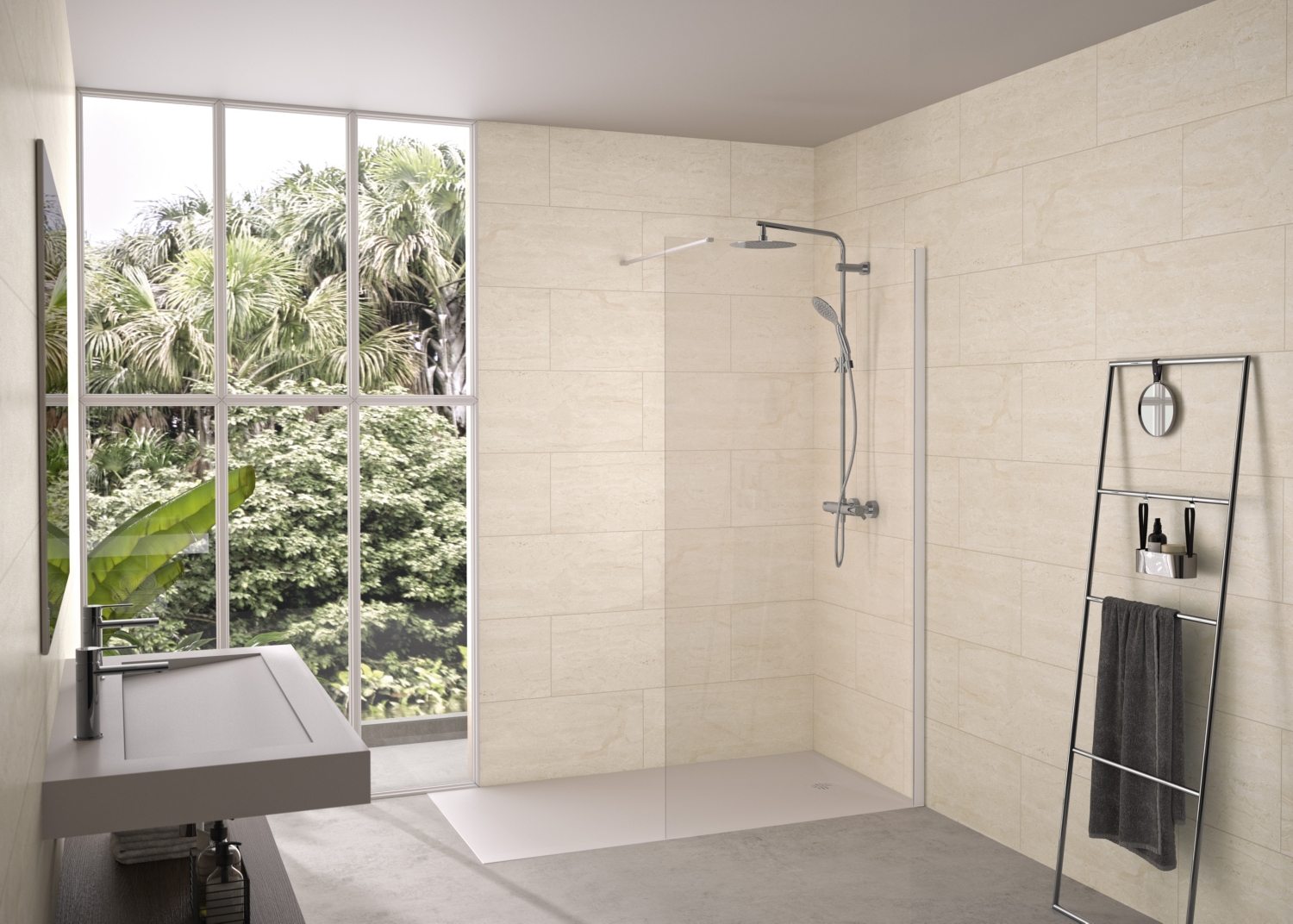 Paroi fixe Solo 6+ Walk-In Essentiel - Profil blanc verre transparent - Avec barre droite Kinedo